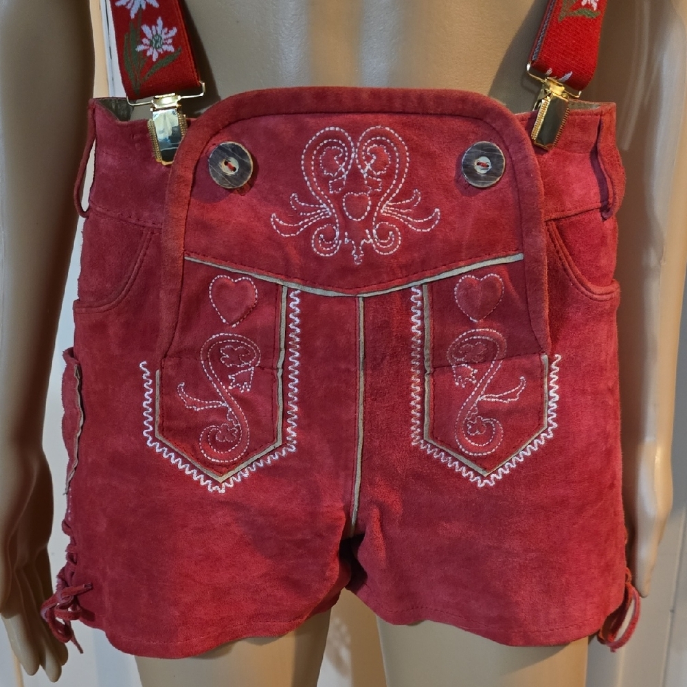 Red Suede Lederhosen With Edelweiss Suspenders
